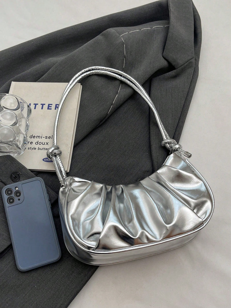 Bolso de hombro de PU con forma de nube, plisado, color liso y acabado brillante, sencillo y elegante, moderno, tipo media luna para mujer.