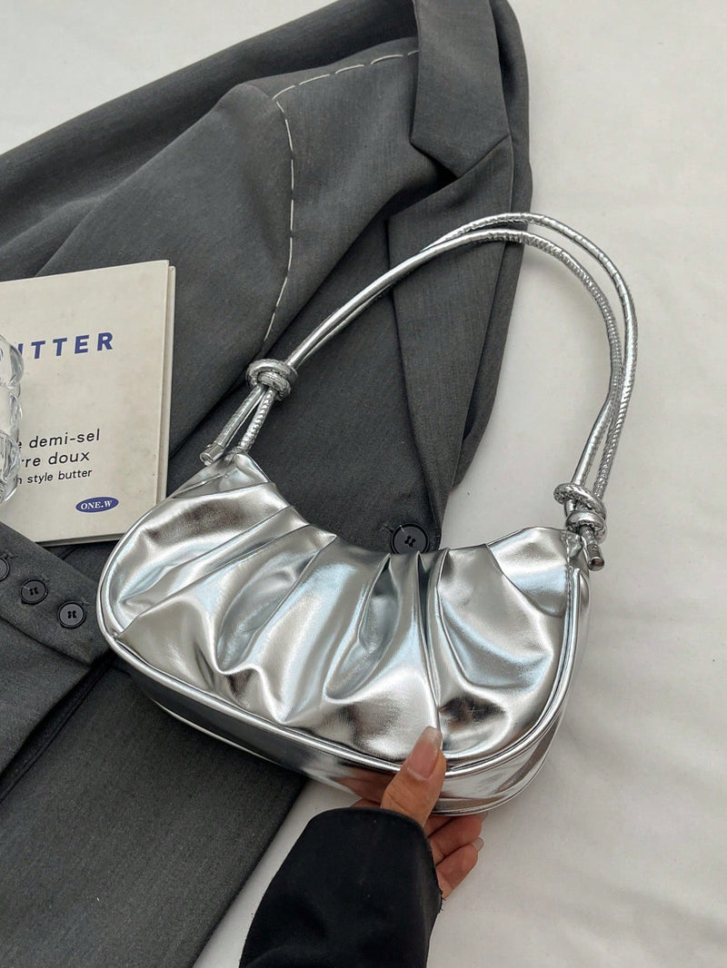 Bolso de hombro de PU con forma de nube, plisado, color liso y acabado brillante, sencillo y elegante, moderno, tipo media luna para mujer.