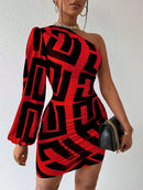 Vestido Casual com Manga Bufante e Estampa Geométrica