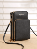 Cartera para mujer T60 con tres cremalleras, de piel, tipo bandolera, para teléfono móvil