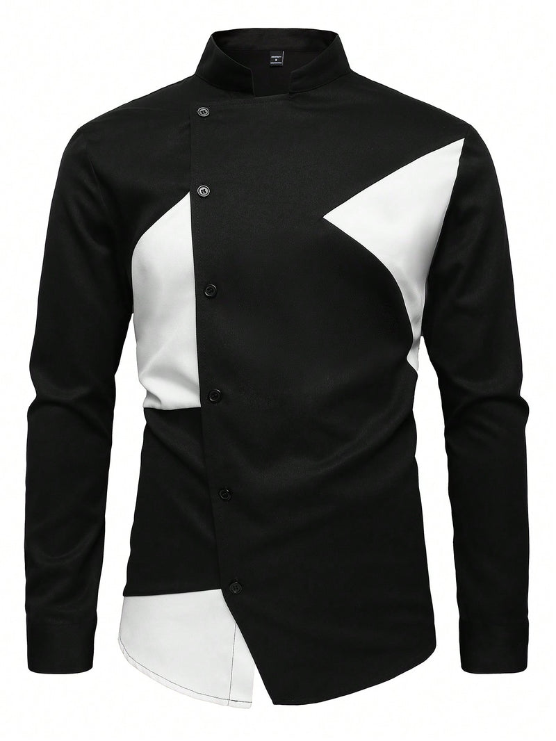 Camisa informal de manga larga con cuello alto y botones para hombre de Manfinity, con estampado de bloques de color, para uso diario, primavera y otoño