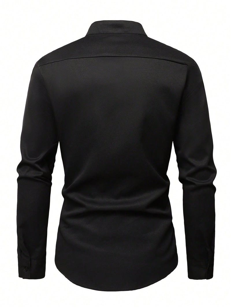 Camisa informal de manga larga con cuello alto y botones para hombre de Manfinity, con estampado de bloques de color, para uso diario, primavera y otoño