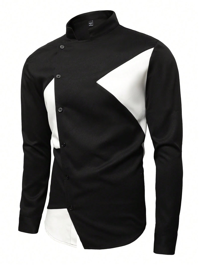 Camisa informal de manga larga con cuello alto y botones para hombre de Manfinity, con estampado de bloques de color, para uso diario, primavera y otoño