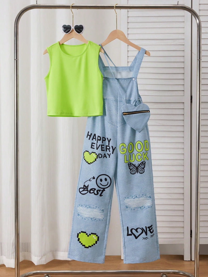 Conjunto de 2 piezas SHEIN de peto y camiseta sin mangas con estampado de efecto vaquero para chicas adolescentes