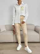 EMERY ROSE 2 Pieces Women's Sequin Decor Long Sleeve Top and Long Pants Set