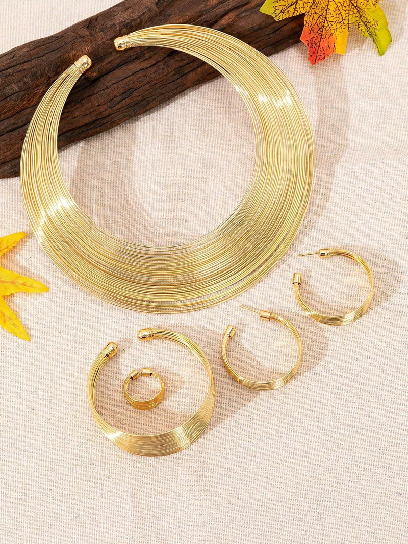1 Set/5Pcs Multi Strand Bridal Alloy Choker Necklace Earrings Bracelet Jewelry Set