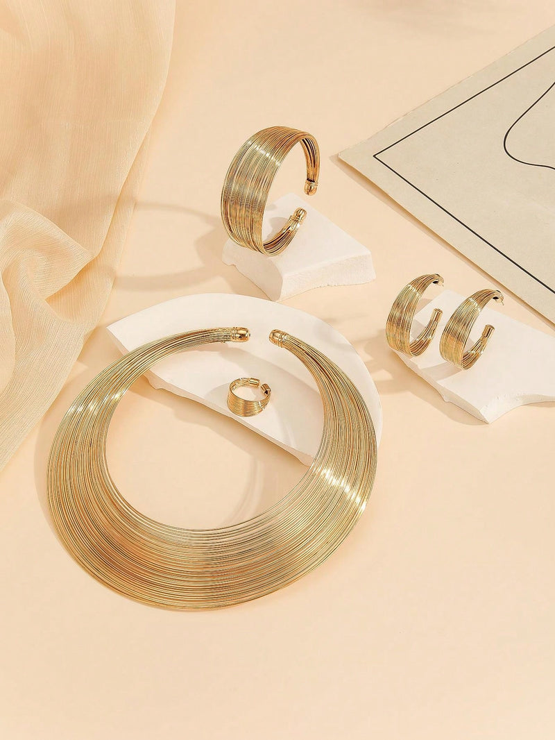1 Set/5Pcs Multi Strand Bridal Alloy Choker Necklace Earrings Bracelet Jewelry Set