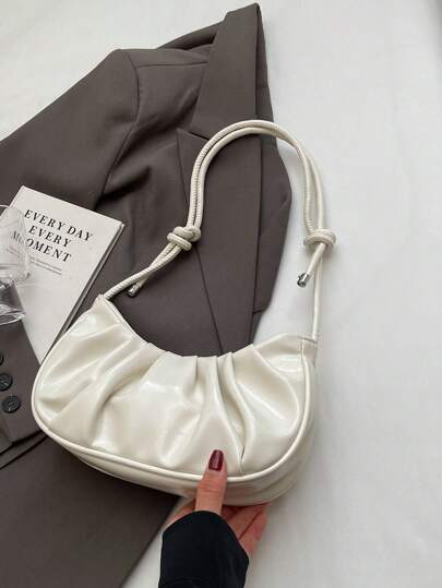 Bolso de hombro de PU con forma de nube, plisado, color liso y acabado brillante, sencillo y elegante, moderno, tipo media luna para mujer.