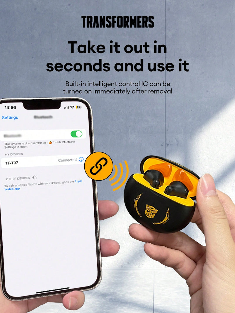 Auriculares Bluetooth TRANSFORMERS Bumblebee TF-T37, diseño semi-in-ear con sonido envolvente de alta definición, micrófono sensible para grabación y llamadas, música y juegos, baja latencia, batería de larga duración, compactos y cómodos de usar.