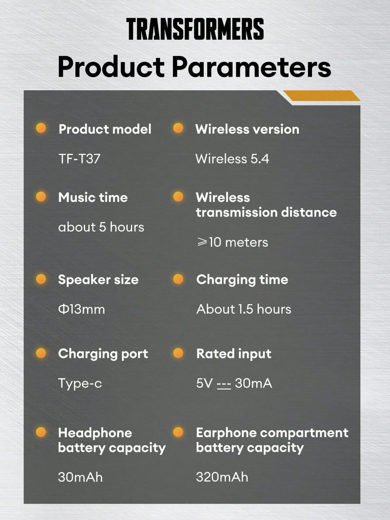 Auriculares Bluetooth TRANSFORMERS Bumblebee TF-T37, diseño semi-in-ear con sonido envolvente de alta definición, micrófono sensible para grabación y llamadas, música y juegos, baja latencia, batería de larga duración, compactos y cómodos de usar.