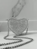 Bolso bandolera pequeño para mujer con purpurina y corazón de fiesta