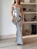 Square Neckline Cocktail Dress, Metallic Sequins, Mermaid, Open Back, Sleeveless, Elegant, Prom, Semi-formal, Wedding Guest, For Anniversary, Graduation, Dinner, Homecoming