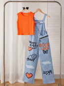 Conjunto de 2 piezas SHEIN de peto y camiseta sin mangas con estampado de efecto vaquero para chicas adolescentes