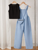 Conjunto de 2 piezas SHEIN de peto y camiseta sin mangas con estampado de efecto vaquero para chicas adolescentes