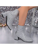 Botas cortas de tacón alto con punta cuadrada y cremallera trasera, estilo vaquero, tacón grueso con lentejuelas, tallas grandes para mujer, estilo pasarela.