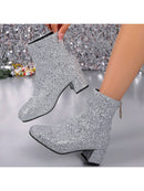 Botas cortas de tacón alto con punta cuadrada y cremallera trasera, estilo vaquero, tacón grueso con lentejuelas, tallas grandes para mujer, estilo pasarela.