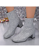 Botas cortas de tacón alto con punta cuadrada y cremallera trasera, estilo vaquero, tacón grueso con lentejuelas, tallas grandes para mujer, estilo pasarela.