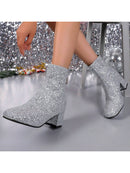 Botas cortas de tacón alto con punta cuadrada y cremallera trasera, estilo vaquero, tacón grueso con lentejuelas, tallas grandes para mujer, estilo pasarela.