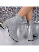 Botas cortas de tacón alto con punta cuadrada y cremallera trasera, estilo vaquero, tacón grueso con lentejuelas, tallas grandes para mujer, estilo pasarela.