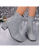 Botas cortas de tacón alto con punta cuadrada y cremallera trasera, estilo vaquero, tacón grueso con lentejuelas, tallas grandes para mujer, estilo pasarela.