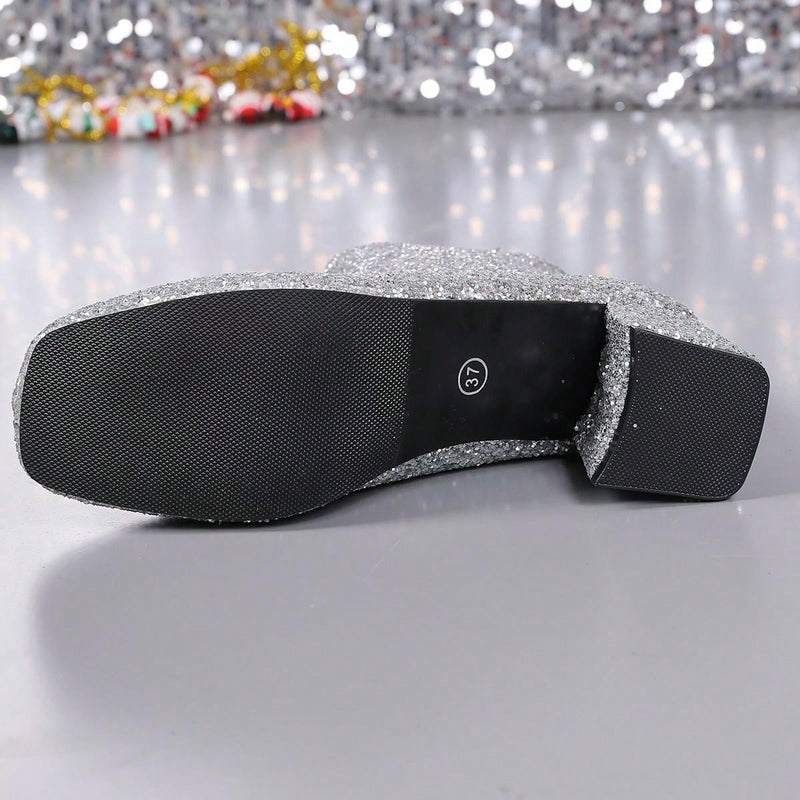 Botas cortas de tacón alto con punta cuadrada y cremallera trasera, estilo vaquero, tacón grueso con lentejuelas, tallas grandes para mujer, estilo pasarela.