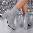Botas cortas de tacón alto con punta cuadrada y cremallera trasera, estilo vaquero, tacón grueso con lentejuelas, tallas grandes para mujer, estilo pasarela.
