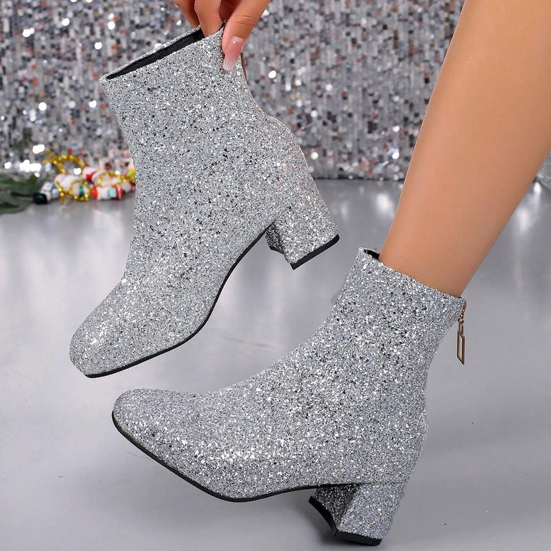 Botas cortas de tacón alto con punta cuadrada y cremallera trasera, estilo vaquero, tacón grueso con lentejuelas, tallas grandes para mujer, estilo pasarela.