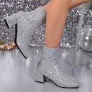 Botas cortas de tacón alto con punta cuadrada y cremallera trasera, estilo vaquero, tacón grueso con lentejuelas, tallas grandes para mujer, estilo pasarela.