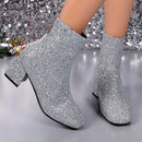 Botas cortas de tacón alto con punta cuadrada y cremallera trasera, estilo vaquero, tacón grueso con lentejuelas, tallas grandes para mujer, estilo pasarela.