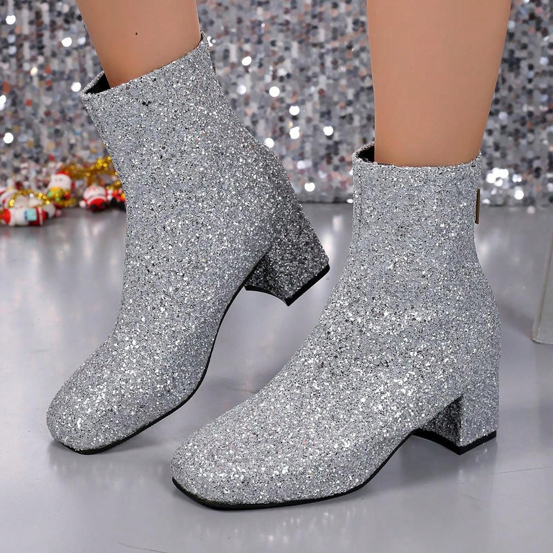 Botas cortas de tacón alto con punta cuadrada y cremallera trasera, estilo vaquero, tacón grueso con lentejuelas, tallas grandes para mujer, estilo pasarela.