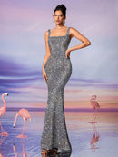 AOSHABABI<o cl eterno recriando a elegante beleza da era herben> Classic Square Neck Mermaid Sequined Velvet Prom Dress in Champagne Gold. Suitable for all formal occasions, wedding guest, holiday parties, etc.</o>