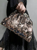 Metallic Glitter and Sequins High Capacity Clutch Bag, Black and Silver Reversible Sparkly Party Purse