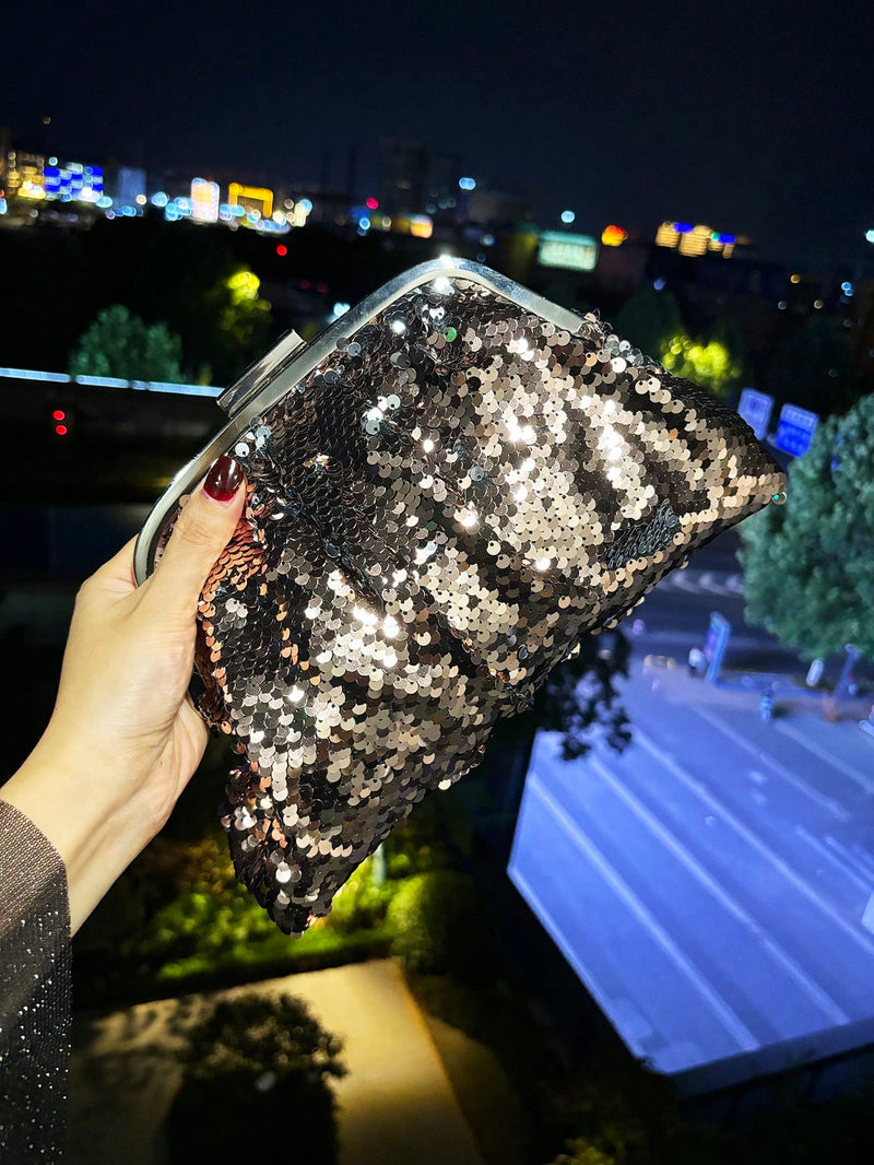 Bolsa Clutch com Glitter – Brilho Reversível Preto & Prata para Eventos Noturnos