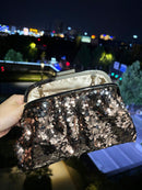Metallic Glitter and Sequins High Capacity Clutch Bag, Black and Silver Reversible Sparkly Party Purse