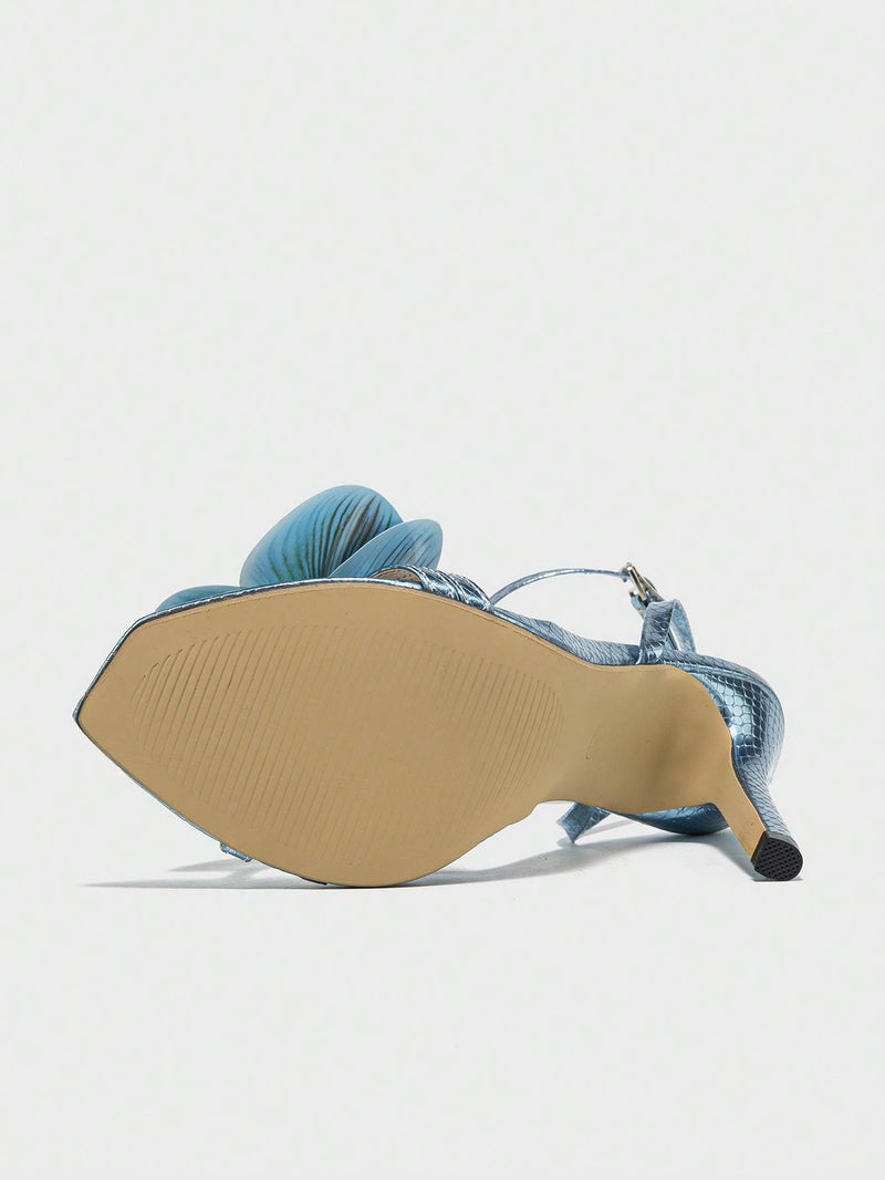 Sandalias de tacón alto para mujer de exterior de primavera/verano de alta calidad y elegantes, estilo discoteca, finas y puntiagudas con brillo metálico en estampado de serpiente azul claro, elegantes y sexys con tiras.