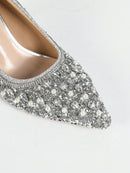 Women's Fashion Pointed Toe High Heel Shoes, Glitter and Rhinestone Decoration, Suitable for Party, Wedding and Occasions, Silver Color