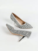 Women's Fashion Pointed Toe High Heel Shoes, Glitter and Rhinestone Decoration, Suitable for Party, Wedding and Occasions, Silver Color