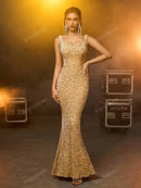 AOSHABABI<o cl eterno recriando a elegante beleza da era herben> Classic Square Neck Mermaid Sequined Velvet Prom Dress in Champagne Gold. Suitable for all formal occasions, wedding guest, holiday parties, etc.</o>