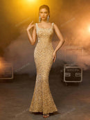 AOSHABABI<o cl eterno recriando a elegante beleza da era herben> Classic Square Neck Mermaid Sequined Velvet Prom Dress in Champagne Gold. Suitable for all formal occasions, wedding guest, holiday parties, etc.</o>