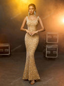 AOSHABABI<o cl eterno recriando a elegante beleza da era herben> Classic Square Neck Mermaid Sequined Velvet Prom Dress in Champagne Gold. Suitable for all formal occasions, wedding guest, holiday parties, etc.</o>