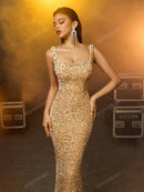 AOSHABABI<o cl eterno recriando a elegante beleza da era herben> Classic Square Neck Mermaid Sequined Velvet Prom Dress in Champagne Gold. Suitable for all formal occasions, wedding guest, holiday parties, etc.</o>