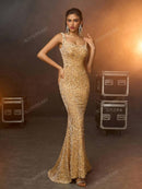 AOSHABABI<o cl eterno recriando a elegante beleza da era herben> Classic Square Neck Mermaid Sequined Velvet Prom Dress in Champagne Gold. Suitable for all formal occasions, wedding guest, holiday parties, etc.</o>