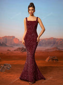 AOSHABABI<o cl eterno recriando a elegante beleza da era herben> Classic Square Neck Mermaid Sequined Velvet Prom Dress in Champagne Gold. Suitable for all formal occasions, wedding guest, holiday parties, etc.</o>