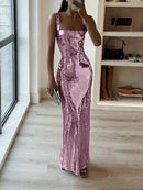 Square Neckline Cocktail Dress, Metallic Sequins, Mermaid, Open Back, Sleeveless, Elegant, Prom, Semi-formal, Wedding Guest, For Anniversary, Graduation, Dinner, Homecoming