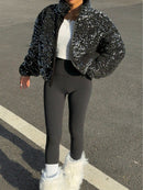 SHEIN Essnce Winter Fashion Sequin Padded Short Jacket for Women, Winter Thick Warm Velvet Travel Jacket, Winter Party Wear, New Year Outfit