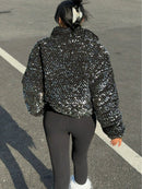 SHEIN Essnce Winter Fashion Sequin Padded Short Jacket for Women, Winter Thick Warm Velvet Travel Jacket, Winter Party Wear, New Year Outfit