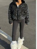 SHEIN Essnce Winter Fashion Sequin Padded Short Jacket for Women, Winter Thick Warm Velvet Travel Jacket, Winter Party Wear, New Year Outfit