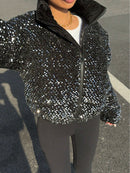 SHEIN Essnce Winter Fashion Sequin Padded Short Jacket for Women, Winter Thick Warm Velvet Travel Jacket, Winter Party Wear, New Year Outfit