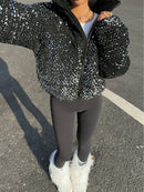 SHEIN Essnce Winter Fashion Sequin Padded Short Jacket for Women, Winter Thick Warm Velvet Travel Jacket, Winter Party Wear, New Year Outfit