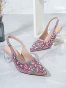 Zapatos Mary Jane de punta puntiaguda para mujer, tacón de cristal, color rosa con abertura y tacón alto.